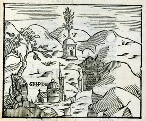 La tomba di Virgilio (70 a.C. - 19 a.C.) a Pozzuoli. Xilografia da una guida turistica del XVII secolo