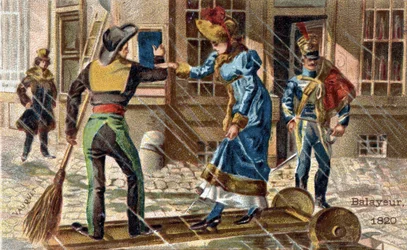 Il mestiere dello spazzino nel 1820: uno spazzino aiuta una giovane donna ad attraversare una pozzanghera