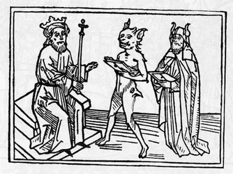 Il processo di Belial: "Il demone Belial presenta le sue credenziali al giudice Salomone". Incisione da "Il processo di Belial" di Jacobus de Teramo (o Palladino), Ausburg
