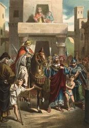 Il trionfo di Mardocheo, personaggio biblico (V secolo a.C.). In "El Culto de la Hermosura" di Juan Justo Huguet, Molinas Hermanos editores