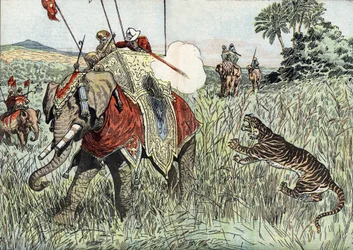 Il viaggio del Principe di Galles (poi Edoardo VIII, poi Duca di Windsor) (1894-1972), nelle Indie britanniche, qui rappresentato durante una caccia alla tigre" (Prince Edward of Wales during a tiger hunting in the British India