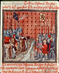 Le armi di Filippo IV il Bello (1268-1314) sulla riva di un fiume incontrano un esercito nemico miniatura da "Le grandi cronache di Francia" XIV secolo Chantilly, Museo Condé