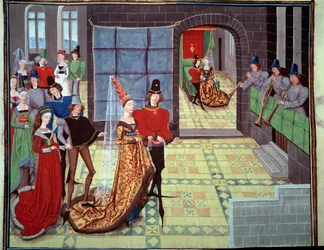 Il matrimonio di Renaud e Clarisse, sullo sfondo la notte di nozze. Miniatura dal manoscritto Renaud de Montauban o Les quatre fils Aymon di Loyset Liedet (attivo tra il 1448 e il 1478). Ms. 5073. XV secolo Bibliothèque de l