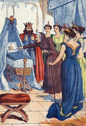 La fata cattiva predice che la principessa si pungerà la mano. Illustrazione per 