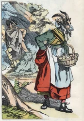 Il lupo cerca la capra che lascia la sua casa. Illustrazione della fiaba "Compere le Loup, Maitre Renard, Comere la Chevre et ses petits biquets" dopo una favola di Jean de la Fontaine. In "Fiabe dalla casa per i piccoli". Incisione anonima