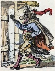 Il lupo bussa alla porta della casa del biquet. Illustrazione della fiaba "Compere le Loup, Maitre Renard, Comere la Chevre et ses petits biquets" di Jean de la Fontaine. In "Fiabe della casa per i piccoli". Incisione anonima