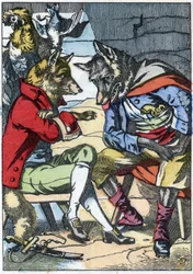 Il lupo incontra di nuovo la volpe. Illustrazione della fiaba "Compere le Loup, Maitre Renard, Comere la Chevre et ses petits biquets" di Jean de la Fontaine. In "Fiabe della casa per i piccoli". Incisione anonima del XIX secolo