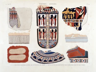 Tebe, Ipogei: 1.2.3.6.7.8. dipinti da involucri di mummie 4.5. Dettagli di una frangia e di una tela a righe, trovati su mummie - in 