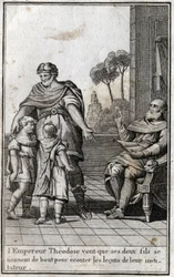 Teodosio I (Flavio Teodosio) (347-395), imperatore romano, vuole che i suoi due figli, Arcadio (377-408) e Onorio (384-423), si alzino per ascoltare le lezioni del loro insegnante. IV secolo. Incisione in "Bellezza della storia del basso impero" redatta da