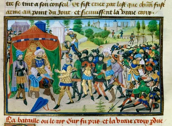 Terza crociata: la perdita della Vera Croce durante la battaglia di Hattin il 4 luglio 1187. Miniatura da "Chronique abrégée" di David Aubert, ca 1450