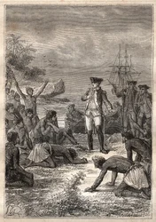 Terzo viaggio (1776-1779) del Capitano James Cook (1728-1779): Cook è accolto dai nativi (Hawaii) - illustrazione tratta da "I grandi marinai del XVIII secolo"