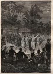 Terzo viaggio (1776-1779) del Capitano James Cook (1728-1779): una festa sulle isole degli Amici (Regno di Tonga, Polinesia) - illustrazione tratta da 