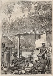 Terzo viaggio (1776-1779) del capitano James Cook (1728-1779): sacrificio umano a Tahiti - illustrazione tratta da 
