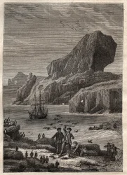 Terzo viaggio (1776-1779) del Capitano James Cook (1728-1779): le isole Kerguelen (arcipelago Kerguelen, Antartide) - illustrazione tratta da "I grandi marinai del XVIII secolo"