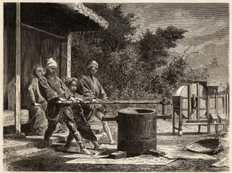 Tre contadini che operano il mulino del riso. Incisione per illustrare il viaggio in Giappone nel 1863-1864, di Aime Humbert, ministro della Confederazione Svizzera, in 