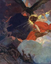 Titanomachia: rappresentazione di Zeus che trionfa sui titani (Titanomachia o Titanomachia: Zeus e gli Olimpi vittoriosi sui titani) Incisione da "I miei bei racconti mitologici" di HS Bres, inizio XX secolo collezione privata