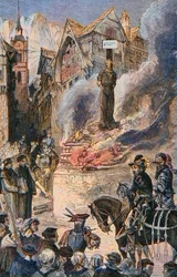Tortura di Michel Servet a Ginevra (Michael Servetus) (Michel de Villeneuve), medico e teologo spagnolo (1511-1553) - La tortura di Michel Servet (Miguel Serveto) (1511-1553) a Ginevra, medico e teologo spagnolo, incisione
