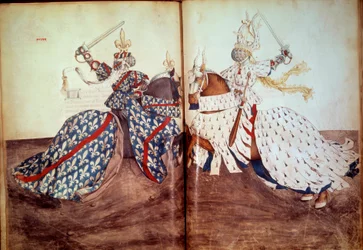 Torneo: Gioco del signore chiamante e del signore difensore (Duca di Bretagna e Duca di Borbone a confronto). Manoscritto "Libro dei tornei" (Folio 32v - folio33) di René d