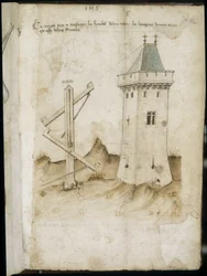 Macchina per misurare le torri - Manoscritto: foglio di pergamena di un manuale di ingegneria per la costruzione di edifici civili, religiosi e militari, anonimo, fine XV secolo (figura in inchiostro cinese)