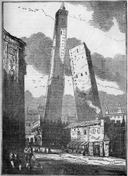 Torri di Bologna - la torre degli Asinelli e la più piccola torre Garisenda - incisione del XIX secolo