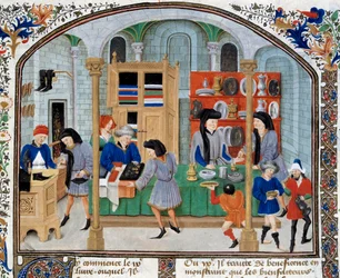 Scena di commercio: mercanti in un negozio presentano stoviglie e argenteria ai loro clienti