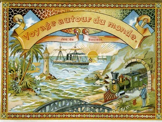 Treno, faro e barca, copertina del gioco "Viaggio intorno al mondo", XIX secolo