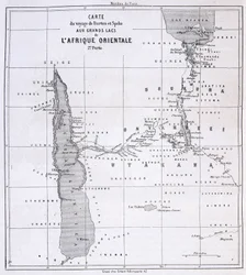 Mappa di viaggio di Richard Francis Burton, esploratore britannico (1821-1890) e Speke ai Grandi Laghi dell