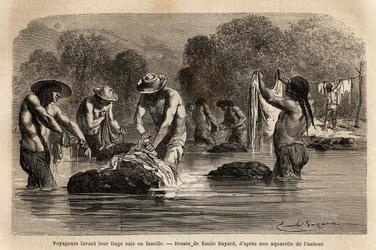 Viaggiatori che lavano i loro panni sporchi nel fiume, insieme ai peones boliviani, nei pressi di Maniri (Basso Perù), incisione per illustrare il viaggio nelle valli di Quinquinas, di Paul Marcoy, 1849-1861