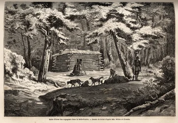 Capanna invernale del viaggiatore nel bel prato (Canada), rifugio per cacciatori e le loro slitte. Incisione per illustrare il viaggio dall