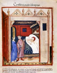 Trattato di medicina "Tacuinum sanitatis" del XIV secolo: persone che parlano durante il sonno. XIV secolo. B.N, Vienna.
