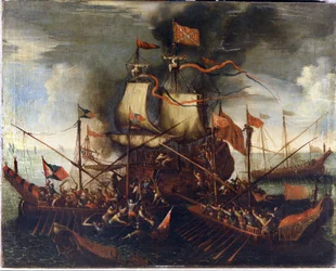 Galee turche si avvicinano a una nave veneziana. Dipinto del XVII secolo