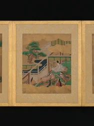 Dodici scene da Il racconto di Genji, metà del XVII secolo (album di dodici fogli; inchiostro e colore su carta dorata)