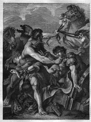 Le dodici fatiche di Ercole: Diomede ucciso da Ercole e mangiato dai suoi stessi cavalli. Incisione dal dipinto di Jean-Baptiste-Marie Pierre.