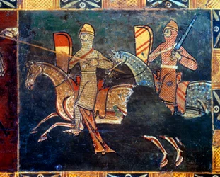 Due cavalieri sul lato della rete che vanno in battaglia (dettaglio)