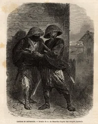 Due ronin (samurai che hanno perso il loro padrone) in agguato. Incisione per illustrare il viaggio in Giappone, nel 1863-1864, di Aime Humbert, ministro della Confederazione Svizzera, in "Le tour du monde, nouveau journal des voyages" pubblicato sotto la 