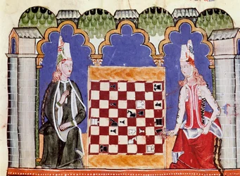 Due donne che giocano a scacchi. Miniatura dal manoscritto "Libro de los juegos" di Alfonso X il Saggio (in spagnolo, Alfonso X el Sabio)