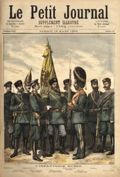 Uniformi della fanteria russa, alleata della Francia, da sinistra a destra: la guardia di frontiera, il sergente maggiore delle guardie, il reggimento Pavlowski, l