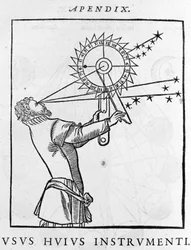 Uso di un dispositivo per calcolare il tempo in relazione alle stelle di notte (astrolabio) - Cosmographia di Pietro Apiano, Parigi 1551