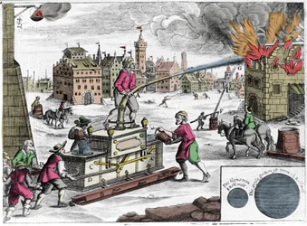 Uso di una pompa antincendio da parte di una squadra di pompieri. Incisione da "Theatrum Machinarum novum" di Georg Andreas Bockler (1644-1698)