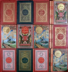 Varie copertine di libri di Jules Verne pubblicati nelle edizioni Hetzel. Collezione della biblioteca Jules Verne. Parigi.