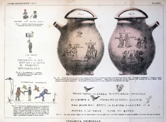 Varie illustrazioni e iscrizioni lasciate dai criminali su vasi di ceramica: studio di Cesare Lombroso (1835-1909), criminologo italiano in L