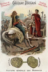 Vercingetorige (72-46 a.C.), capo della rivolta gallica, depone le armi ai piedi di Cesare (100-44 a.C.) dopo aver definitivamente perduto la città di Alesia - in «Storia generale delle monete» - cromolitografia Chocolat-Poulain della fine del XIX secolo