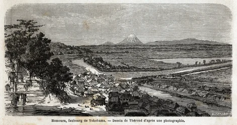 Veduta di Homoura, sobborgo di Yokohama, con il Monte Fuji sullo sfondo. Incisione per illustrare il viaggio in Giappone nel 1863-1864, di Aime Humbert, ministro della Confederazione Svizzera, in "Le tour du monde, nouveau journal des voyages"