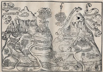 Vista del Monte Sibilla (Paradiso della Regina Sibilla) (Doppia mappa del Monte Pilato e del Monte Sibilla) - Antoine de La Sale (La Salle) scrittore satirico francese del XV secolo.