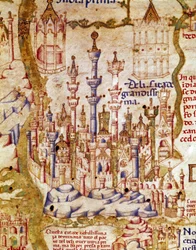 Veduta di Nuova Delhi in India. Dettaglio della mappa del mondo (mappamundi) di fra Mauro camaldolese, XV secolo, Biblioteca Marciana, Venezia