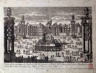 Veduta di Place des Victoires a Parigi con la statua di Luigi XIV eretta dal maresciallo de la Feuillade nel 1686. Incisione del XVII secolo. Parigi, Museo Carnavalet