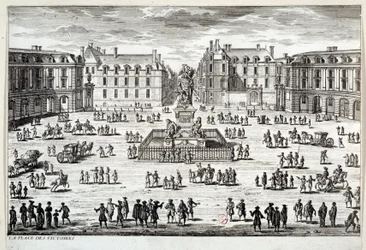 Veduta di Place des Victoires a Parigi con la statua di Luigi XIV eretta dal maresciallo de la Feuillade nel 1686. Incisione del XVII secolo