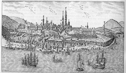 Veduta della città di Quebec in Canada (fine XVII secolo): A. Giardino del forte. B. Il forte. C. Polveriera. D. I Recolletti. E. Le Orsoline. F. I Gesuiti. G. La cattedrale. H. Il seminario. I. Hotel Dieu. L. Ospedale Generale. Mr. L