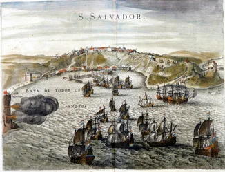 Vista di Salvador, precedentemente conosciuta come Bahia, capitale del Brasile nel 1549, quando fu fondata - Incisione del XVI secolo