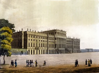 Veduta del Castello di Schönbrunn, ex residenza della famiglia imperiale austriaca, Vienna, Austria, incisione del 1830 circa